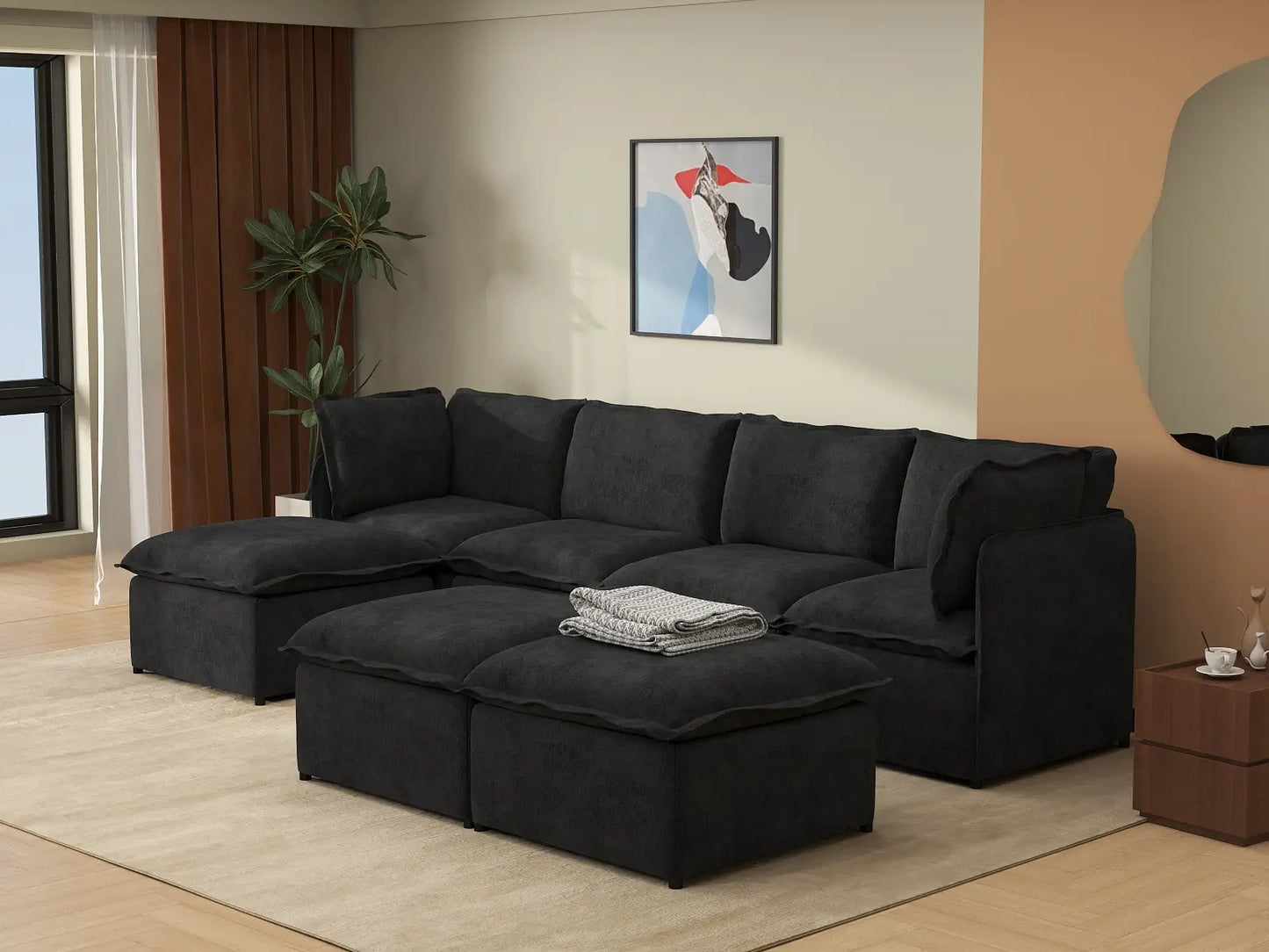 Deluxe Cloud 4-Seater Black Sofa Set | 7-Piece (Includes 3 Ottomans), Linen Look Poly Fabric, Washable Cushion Covers