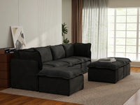 Deluxe Cloud 4-Seater Black Sofa Set | 7-Piece (Includes 3 Ottomans), Linen Look Poly Fabric, Washable Cushion Covers