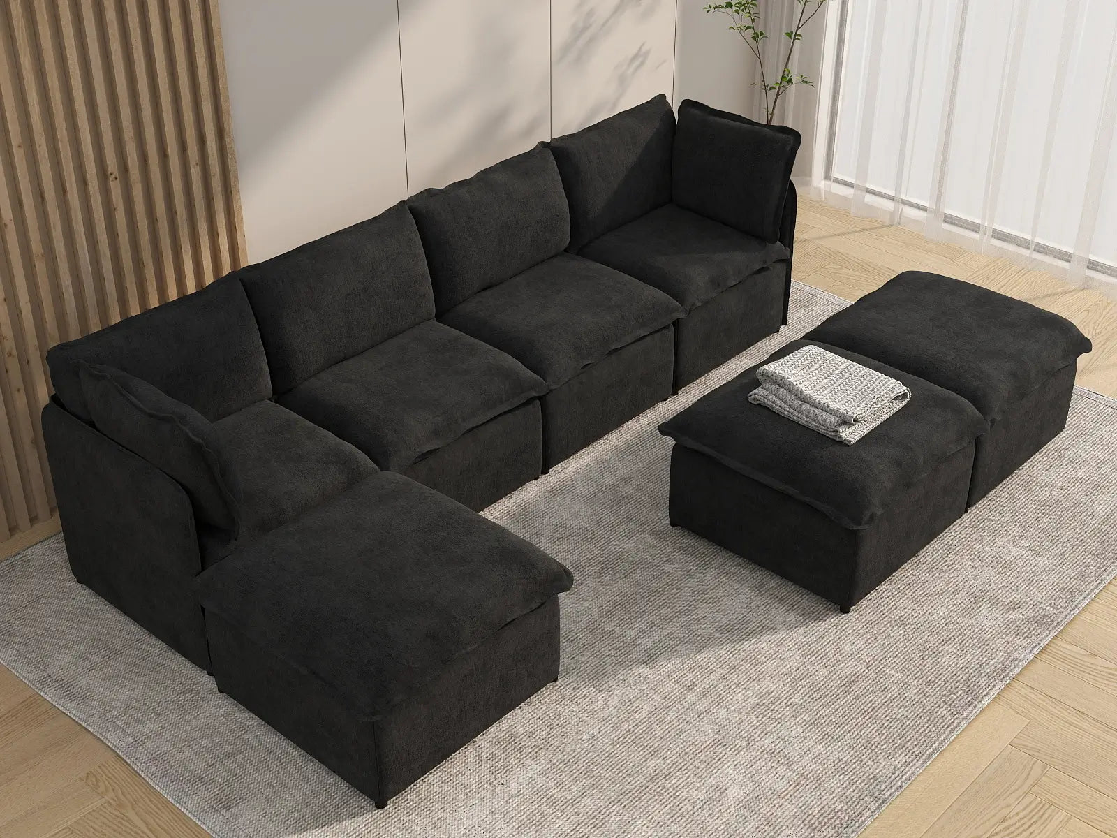 Deluxe Cloud 4-Seater Black Sofa Set | 7-Piece (Includes 3 Ottomans), Linen Look Poly Fabric, Washable Cushion Covers