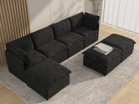 Deluxe Cloud 4-Seater Black Sofa Set | 7-Piece (Includes 3 Ottomans), Linen Look Poly Fabric, Washable Cushion Covers