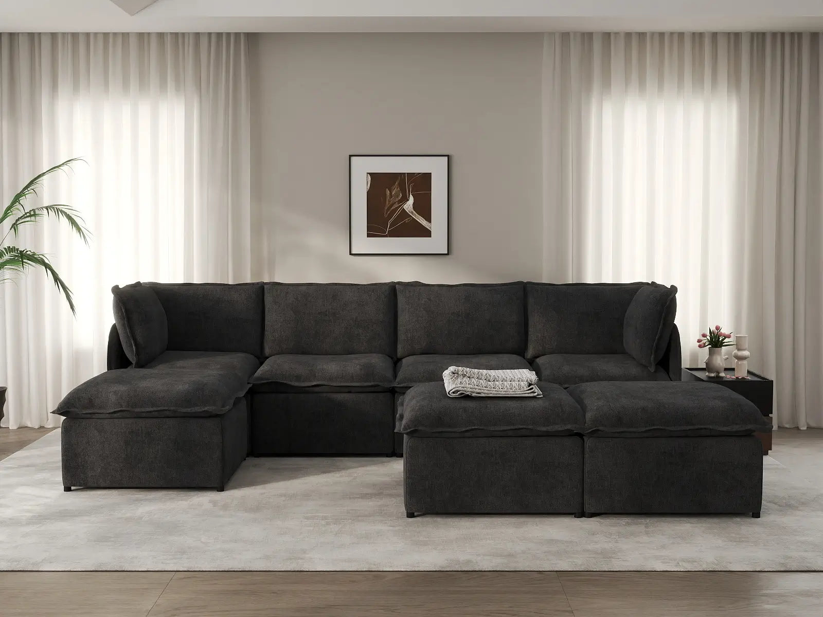 Deluxe Cloud 4-Seater Black Sofa Set | 7-Piece (Includes 3 Ottomans), Linen Look Poly Fabric, Washable Cushion Covers