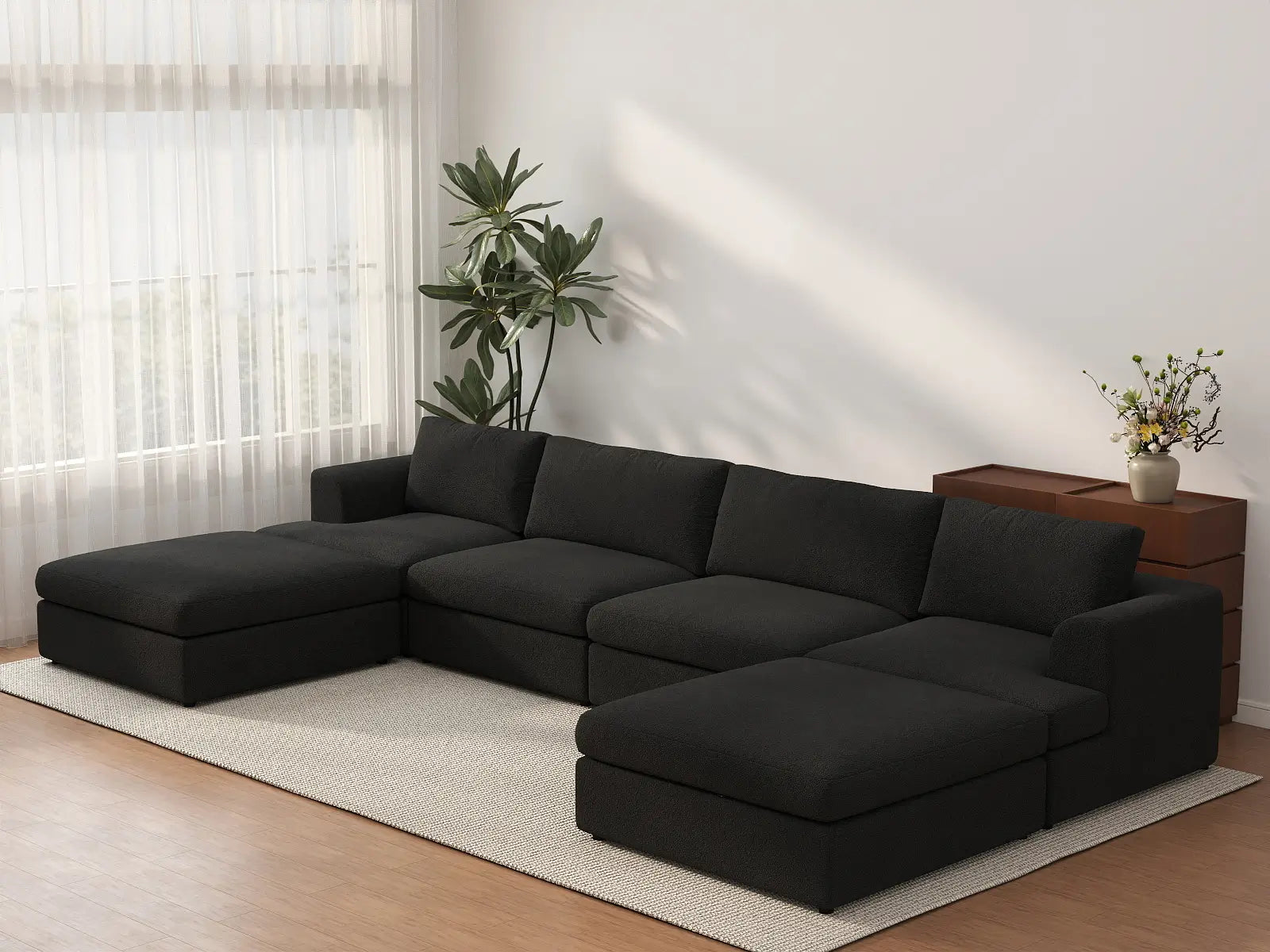 Deluxe Cloud 4-Seater Black U-Shaped Sectional | 6-Piece (Includes 2 Ottomans), Bouclé Sherpa-Like Fabric, Washable Cushion Covers
