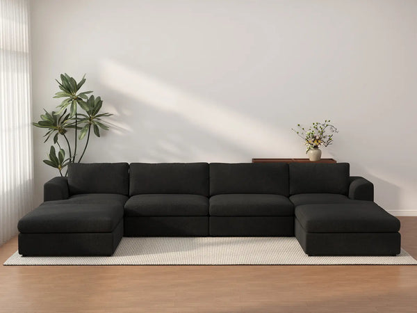 Deluxe Cloud 4-Seater Black U-Shaped Sectional | 6-Piece (Includes 2 Ottomans), Bouclé Sherpa-Like Fabric, Washable Cushion Covers