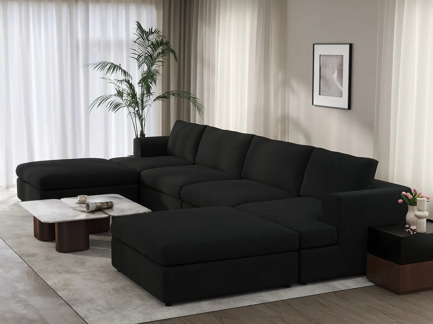 Deluxe Cloud 4-Seater Black U-Shaped Sectional | 6-Piece (Includes 2 Ottomans), Bouclé Sherpa-Like Fabric, Washable Cushion Covers