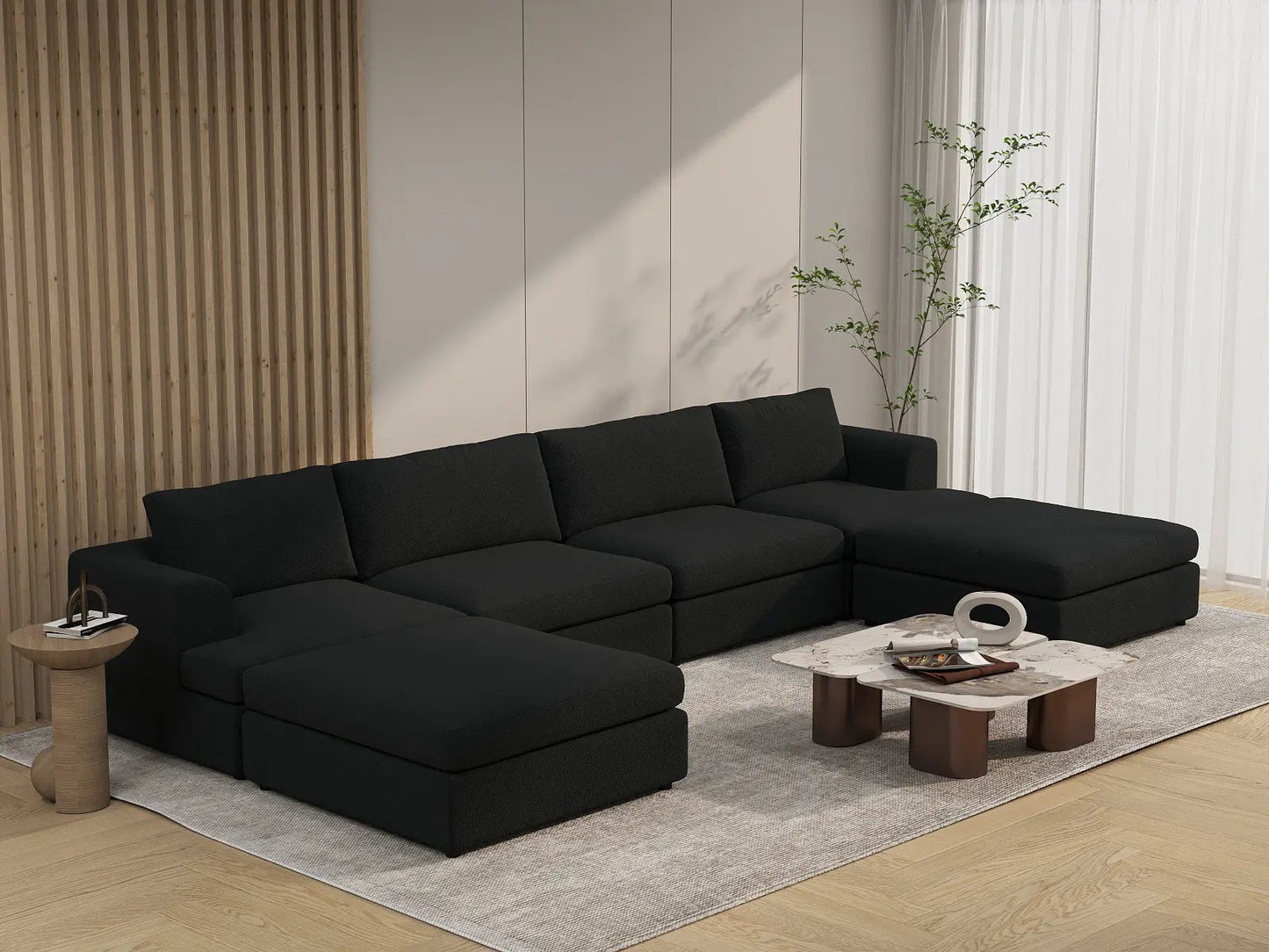 Deluxe Cloud 4-Seater Black U-Shaped Sectional | 6-Piece (Includes 2 Ottomans), Bouclé Sherpa-Like Fabric, Washable Cushion Covers