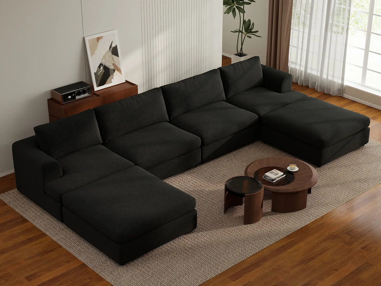 Deluxe Cloud 4-Seater Black U-Shaped Sectional | 6-Piece (Includes 2 Ottomans), Bouclé Sherpa-Like Fabric, Washable Cushion Covers