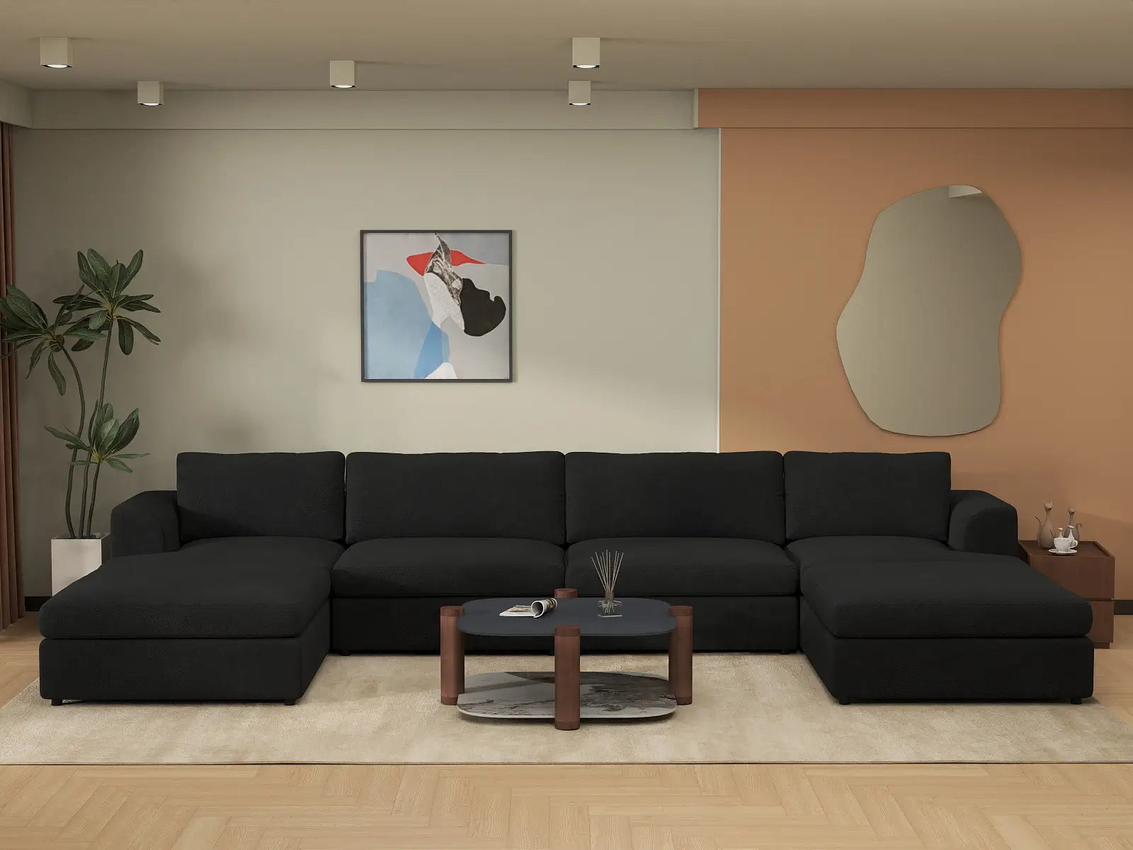 Deluxe Cloud 4-Seater Black U-Shaped Sectional | 6-Piece (Includes 2 Ottomans), Bouclé Sherpa-Like Fabric, Washable Cushion Covers