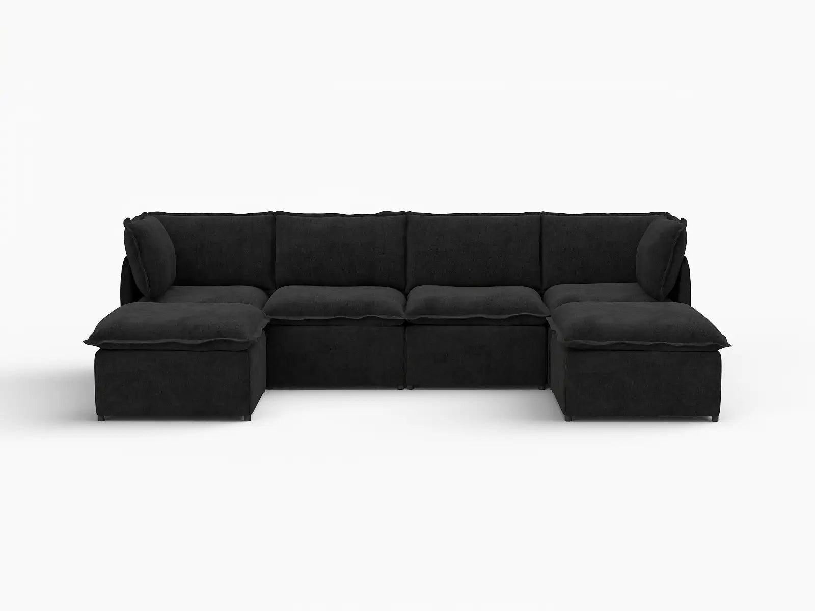 Deluxe Cloud 4-Seater Black U-Shaped Sectional | 6-Piece (Includes 2 Ottomans), Linen Look Poly Fabric, Washable Cushion Covers