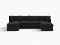 Deluxe Cloud 4-Seater Black U-Shaped Sectional | 6-Piece (Includes 2 Ottomans), Linen Look Poly Fabric, Washable Cushion Covers
