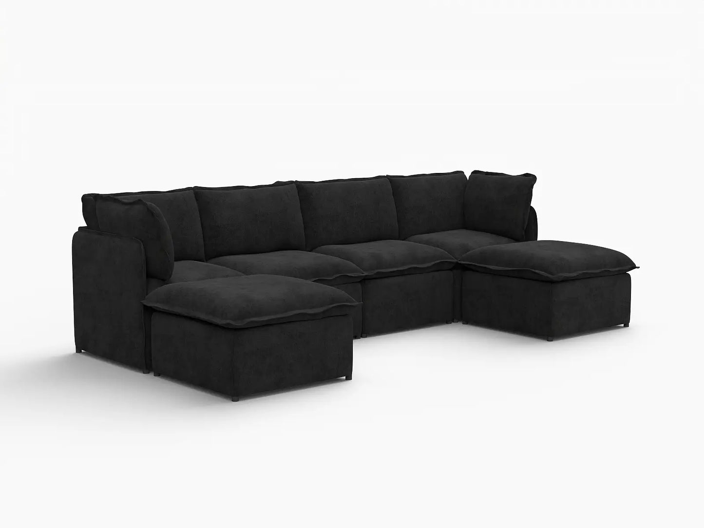 Deluxe Cloud 4-Seater Black U-Shaped Sectional | 6-Piece (Includes 2 Ottomans), Linen Look Poly Fabric, Washable Cushion Covers