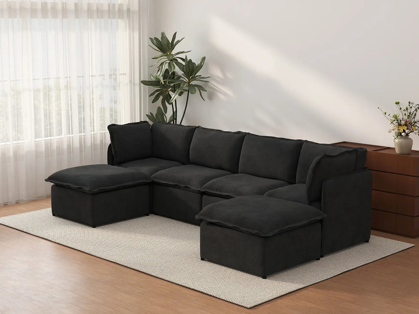 Deluxe Cloud 4-Seater Black U-Shaped Sectional | 6-Piece (Includes 2 Ottomans), Linen Look Poly Fabric, Washable Cushion Covers