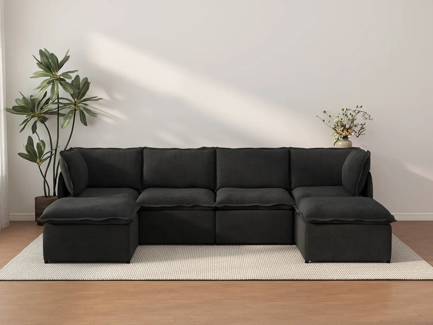 Deluxe Cloud 4-Seater Black U-Shaped Sectional | 6-Piece (Includes 2 Ottomans), Linen Look Poly Fabric, Washable Cushion Covers