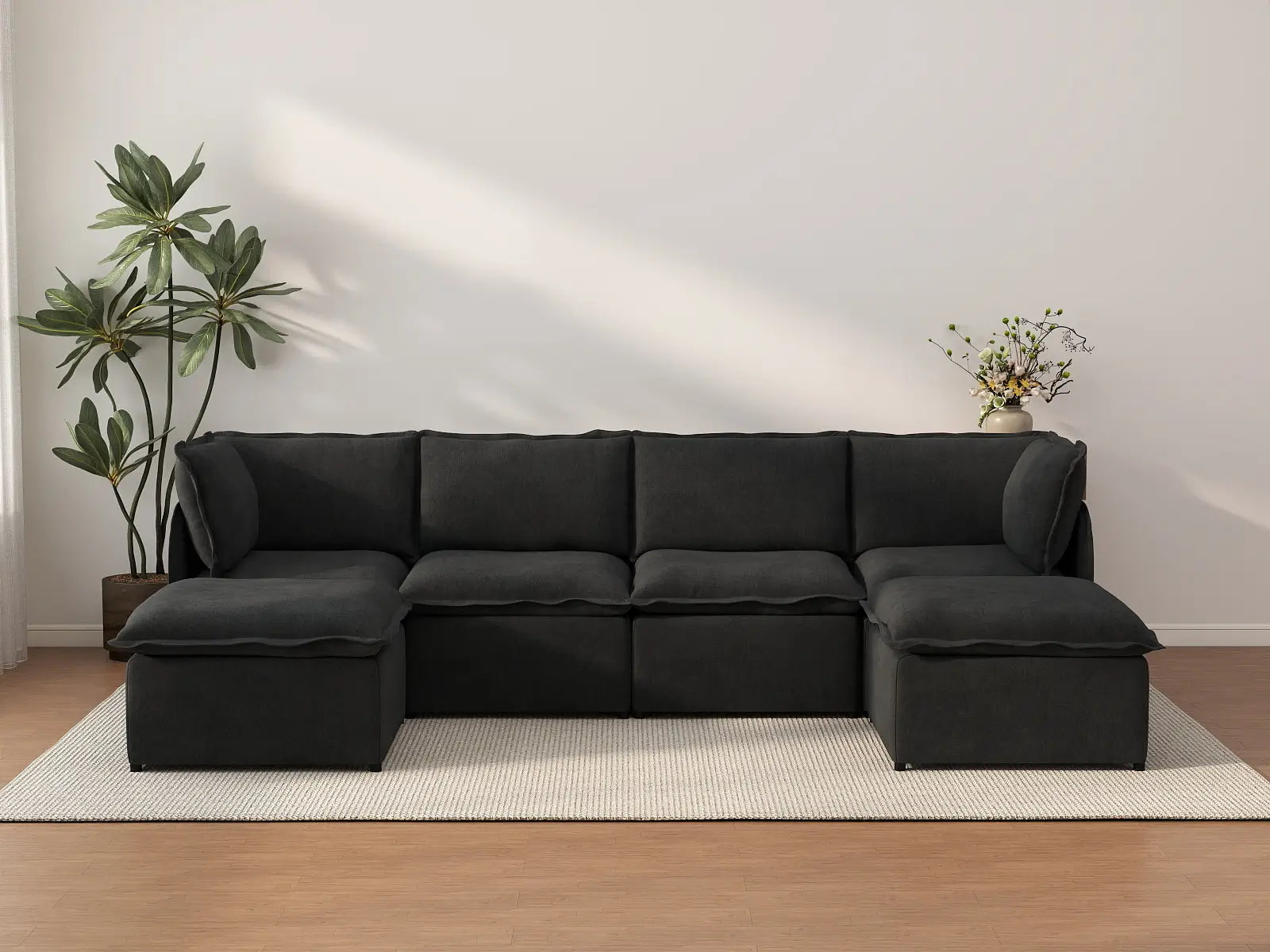 Deluxe Cloud 4-Seater Black U-Shaped Sectional | 6-Piece (Includes 2 Ottomans), Linen Look Poly Fabric, Washable Cushion Covers