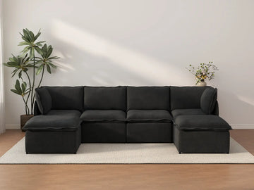 Deluxe Cloud 4-Seater Black U-Shaped Sectional | 6-Piece (Includes 2 Ottomans), Linen Look Poly Fabric, Washable Cushion Covers