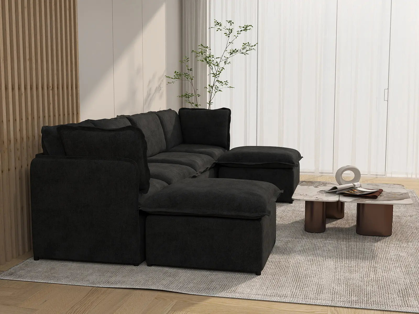 Deluxe Cloud 4-Seater Black U-Shaped Sectional | 6-Piece (Includes 2 Ottomans), Linen Look Poly Fabric, Washable Cushion Covers