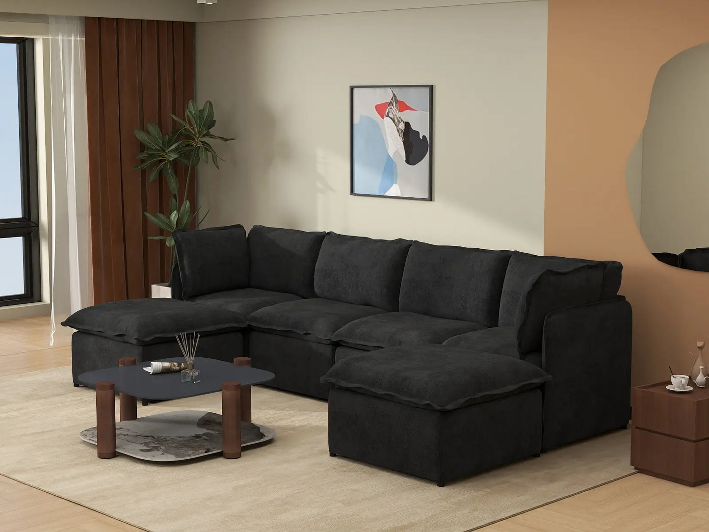 Deluxe Cloud 4-Seater Black U-Shaped Sectional | 6-Piece (Includes 2 Ottomans), Linen Look Poly Fabric, Washable Cushion Covers
