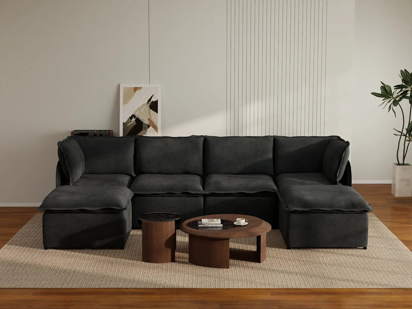 Deluxe Cloud 4-Seater Black U-Shaped Sectional | 6-Piece (Includes 2 Ottomans), Linen Look Poly Fabric, Washable Cushion Covers