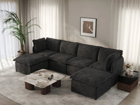 Deluxe Cloud 4-Seater Black U-Shaped Sectional | 6-Piece (Includes 2 Ottomans), Linen Look Poly Fabric, Washable Cushion Covers
