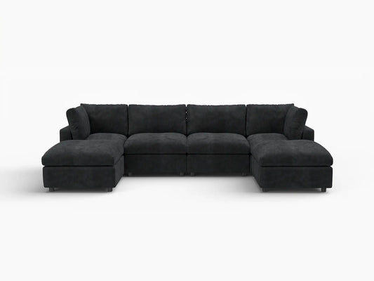Lounge Cloud Sectional Sofa Covers | Black Linen-Blend Chenille Sofa Cover for 4-Seater with 2-Ottomans