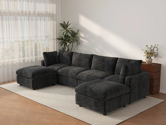 Deluxe Cloud 4-Seater Black U-Shaped Sectional | 6-Piece (Includes 2 Ottomans), Linen-Blend Chenille Fabric, Washable Cushion Covers