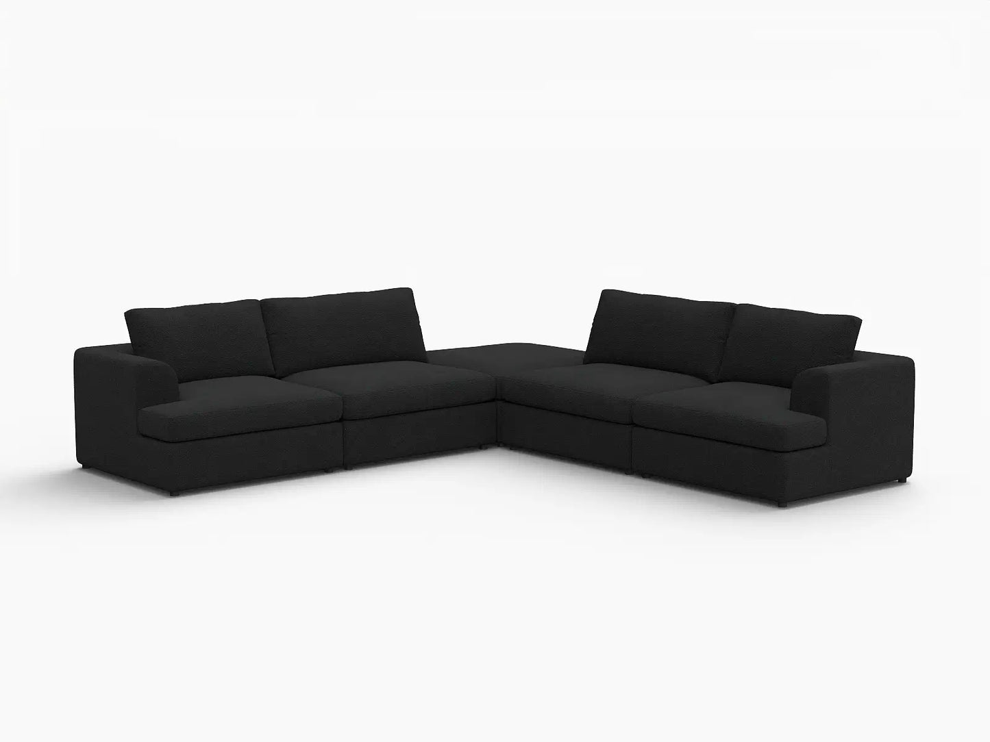 Deluxe Cloud 4-Seater Black V-Shaped Sectional | 5-Piece (Includes 1 Ottoman), Bouclé Sherpa-Like Fabric, Washable Cushion Covers