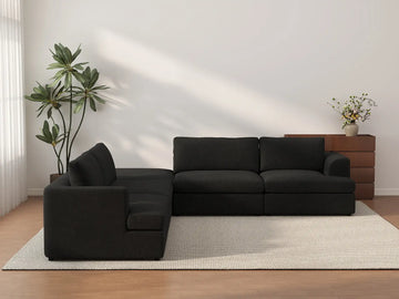 Deluxe Cloud 4-Seater Black V-Shaped Sectional | 5-Piece (Includes 1 Ottoman), Bouclé Sherpa-Like Fabric, Washable Cushion Covers