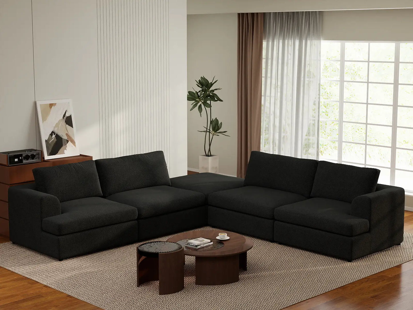 Deluxe Cloud 4-Seater Black V-Shaped Sectional | 5-Piece (Includes 1 Ottoman), Bouclé Sherpa-Like Fabric, Washable Cushion Covers