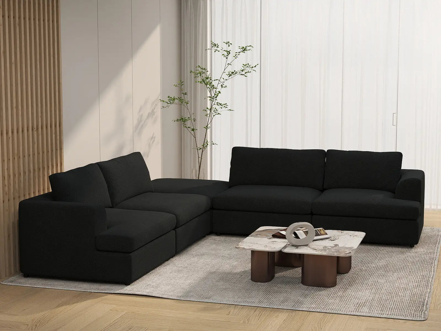 Deluxe Cloud 4-Seater Black V-Shaped Sectional | 5-Piece (Includes 1 Ottoman), Bouclé Sherpa-Like Fabric, Washable Cushion Covers