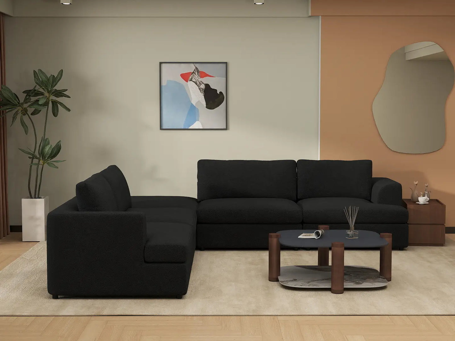 Deluxe Cloud 4-Seater Black V-Shaped Sectional | 5-Piece (Includes 1 Ottoman), Bouclé Sherpa-Like Fabric, Washable Cushion Covers