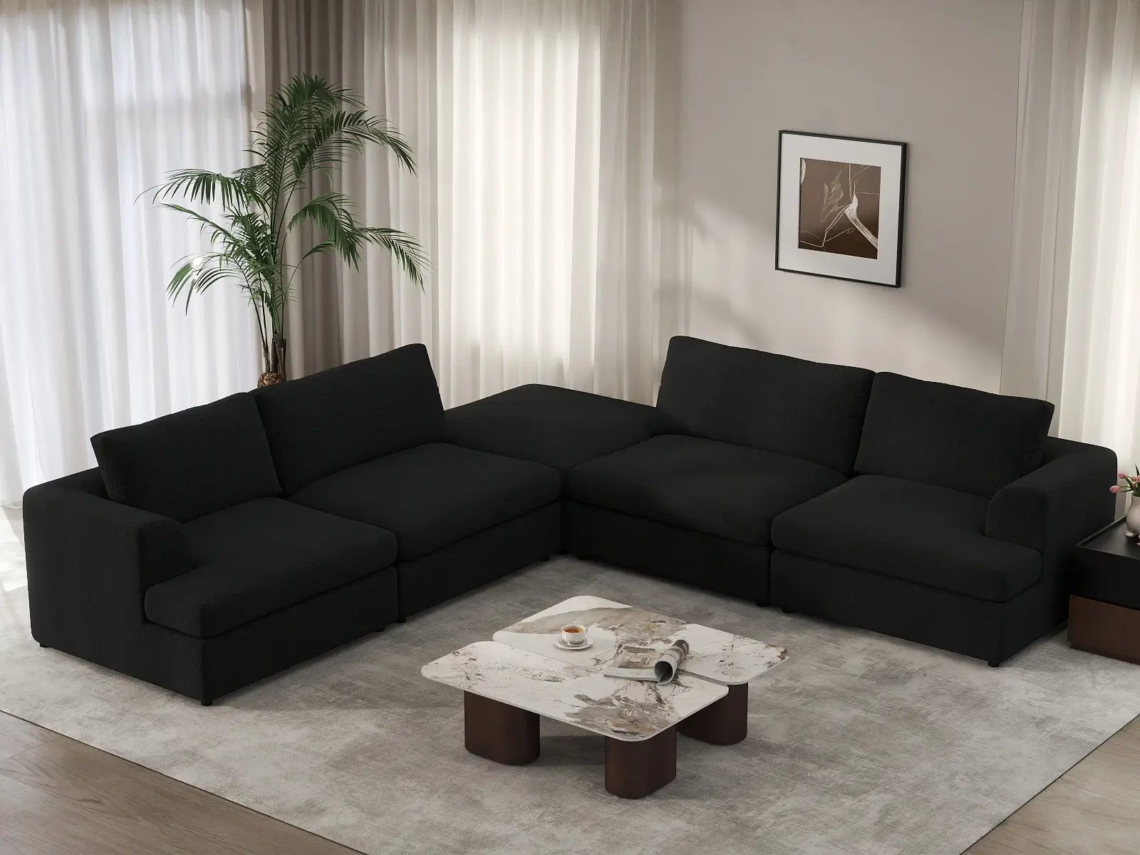 Deluxe Cloud 4-Seater Black V-Shaped Sectional | 5-Piece (Includes 1 Ottoman), Bouclé Sherpa-Like Fabric, Washable Cushion Covers