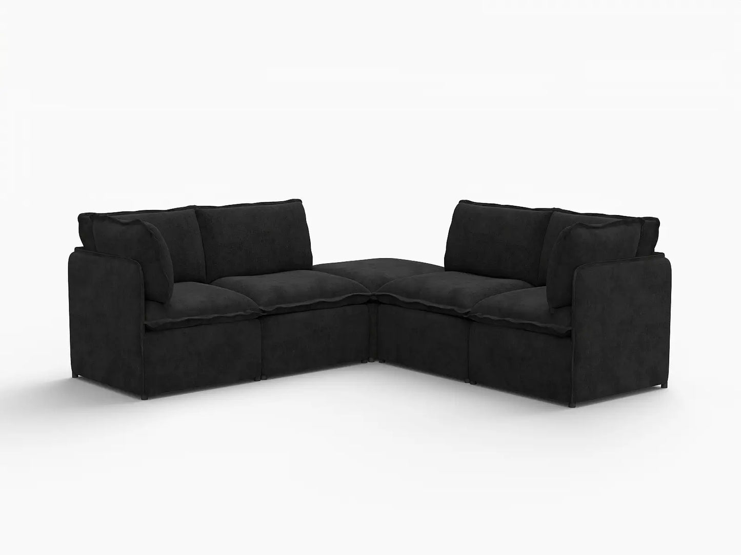 Deluxe Cloud 4-Seater Black V-Shaped Sectional | 5-Piece (Includes 1 Ottoman), Linen Look Poly Fabric, Washable Cushion Covers