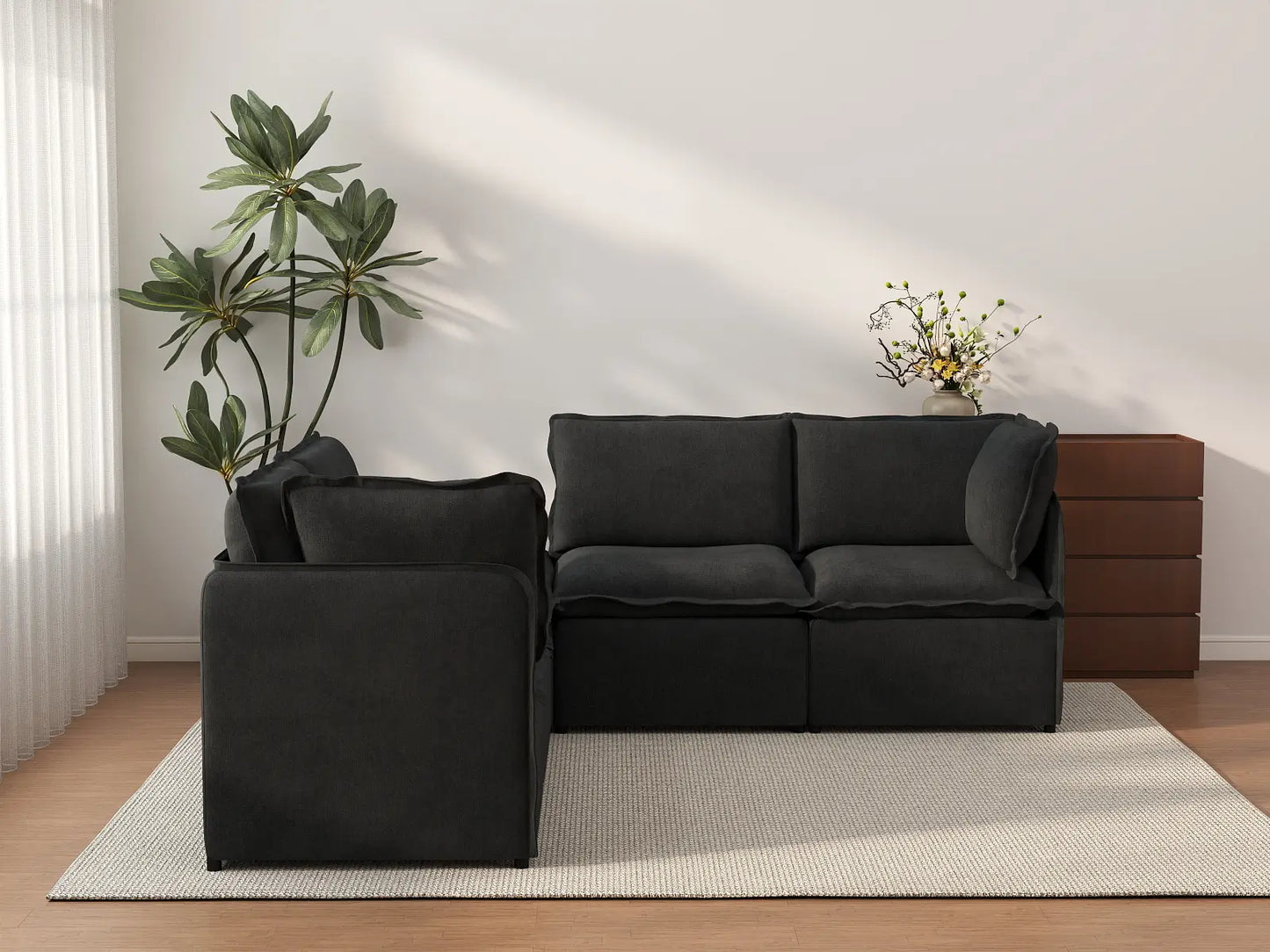 Deluxe Cloud 4-Seater Black V-Shaped Sectional | 5-Piece (Includes 1 Ottoman), Linen Look Poly Fabric, Washable Cushion Covers