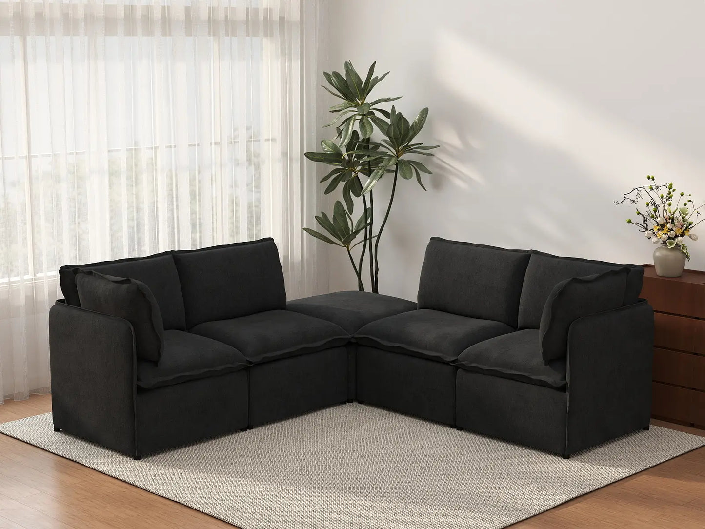 Deluxe Cloud 4-Seater Black V-Shaped Sectional | 5-Piece (Includes 1 Ottoman), Linen Look Poly Fabric, Washable Cushion Covers