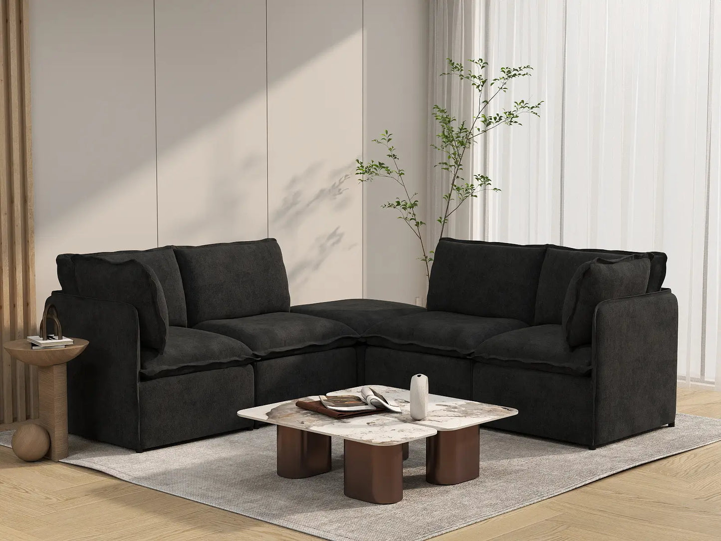 Deluxe Cloud 4-Seater Black V-Shaped Sectional | 5-Piece (Includes 1 Ottoman), Linen Look Poly Fabric, Washable Cushion Covers