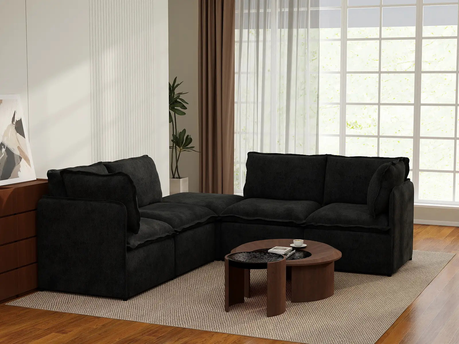 Deluxe Cloud 4-Seater Black V-Shaped Sectional | 5-Piece (Includes 1 Ottoman), Linen Look Poly Fabric, Washable Cushion Covers
