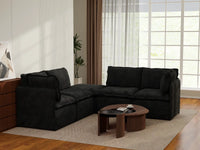 Deluxe Cloud 4-Seater Black V-Shaped Sectional | 5-Piece (Includes 1 Ottoman), Linen Look Poly Fabric, Washable Cushion Covers