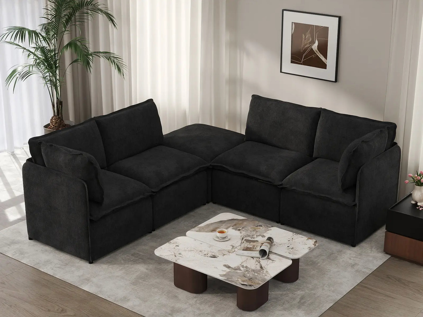 Deluxe Cloud 4-Seater Black V-Shaped Sectional | 5-Piece (Includes 1 Ottoman), Linen Look Poly Fabric, Washable Cushion Covers