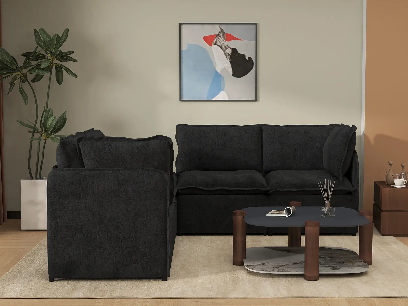 Deluxe Cloud 4-Seater Black V-Shaped Sectional | 5-Piece (Includes 1 Ottoman), Linen Look Poly Fabric, Washable Cushion Covers