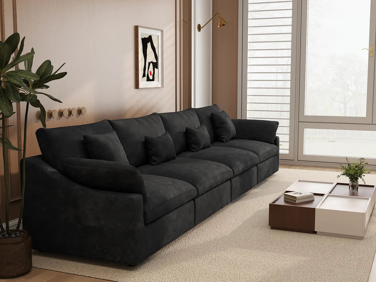 Deluxe Cloud 4-Seater Black Washable Couch Sectional | 4-Piece, Chenille and Linen Fabric, Modular Design