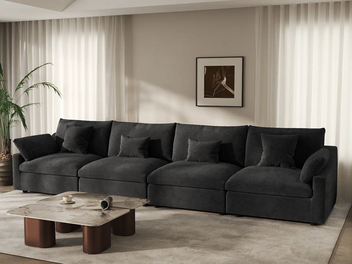 Deluxe Cloud 4-Seater Black Washable Couch Sectional | 4-Piece, Chenille and Linen Fabric, Modular Design