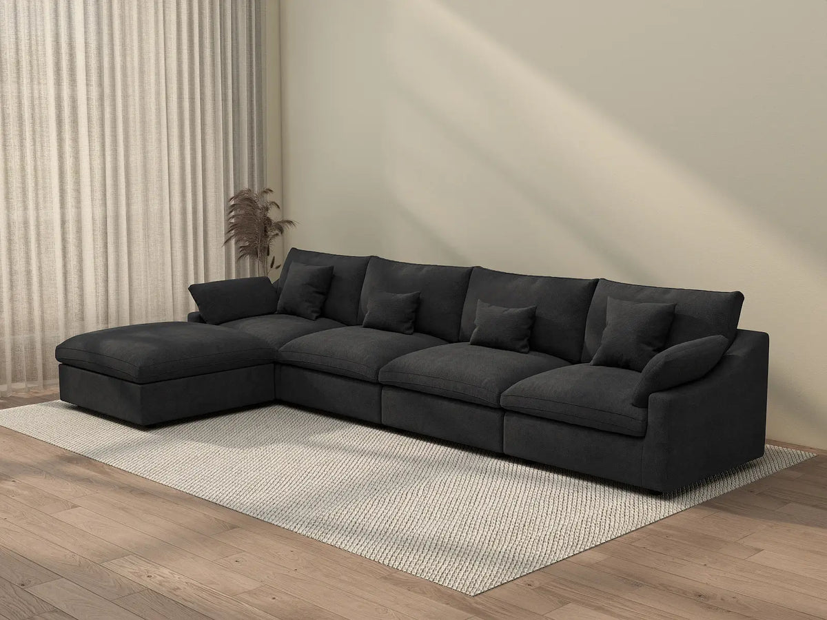 Deluxe Cloud 4-Seater Black Washable L-Shaped Sectional | 5-Piece (includes 1 Ottoman), Chenille and Linen Fabric, Modular Design