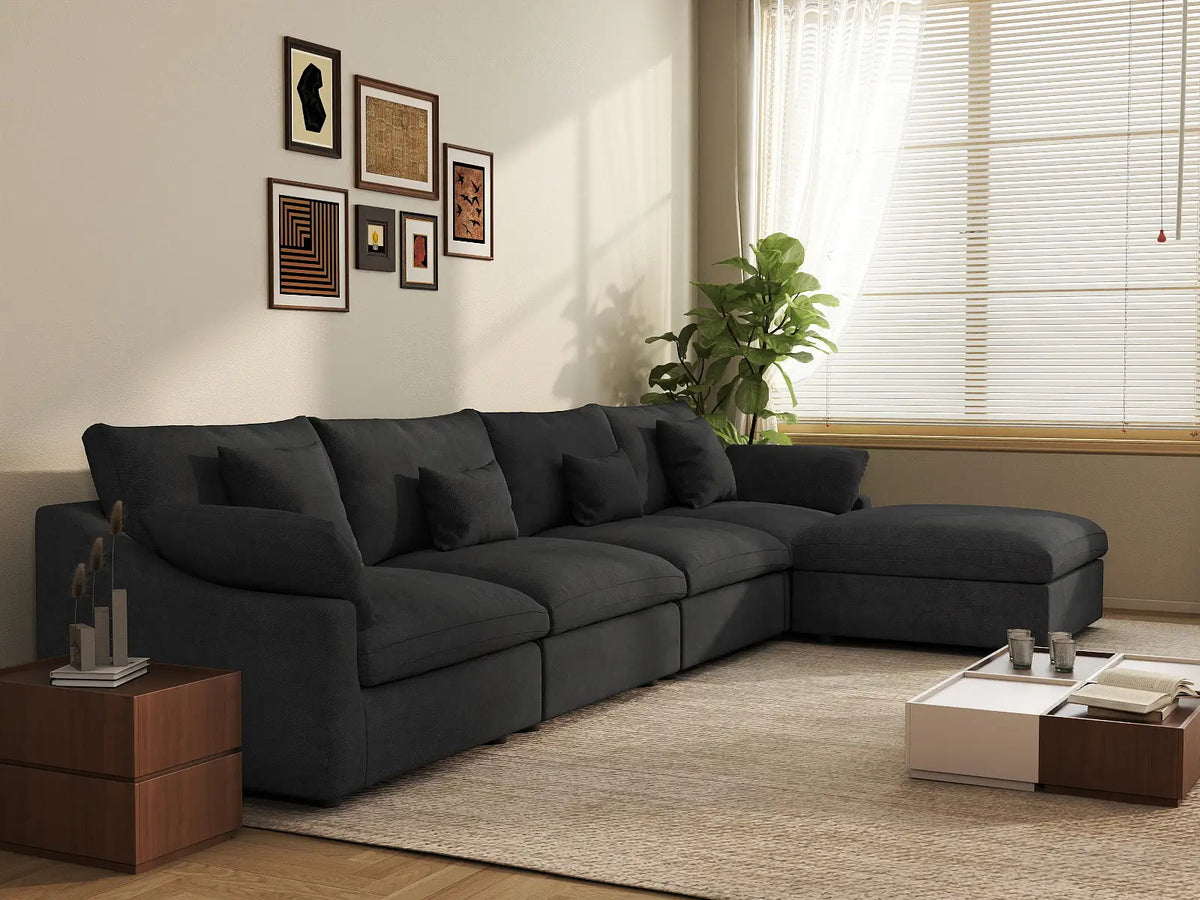 Deluxe Cloud 4-Seater Black Washable L-Shaped Sectional | 5-Piece (includes 1 Ottoman), Chenille and Linen Fabric, Modular Design