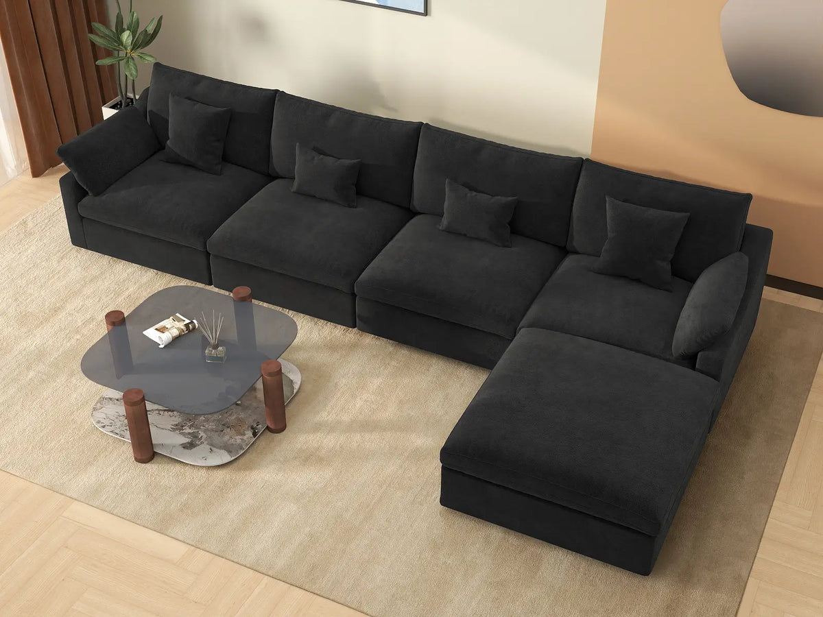 Deluxe Cloud 4-Seater Black Washable L-Shaped Sectional | 5-Piece (includes 1 Ottoman), Chenille and Linen Fabric, Modular Design