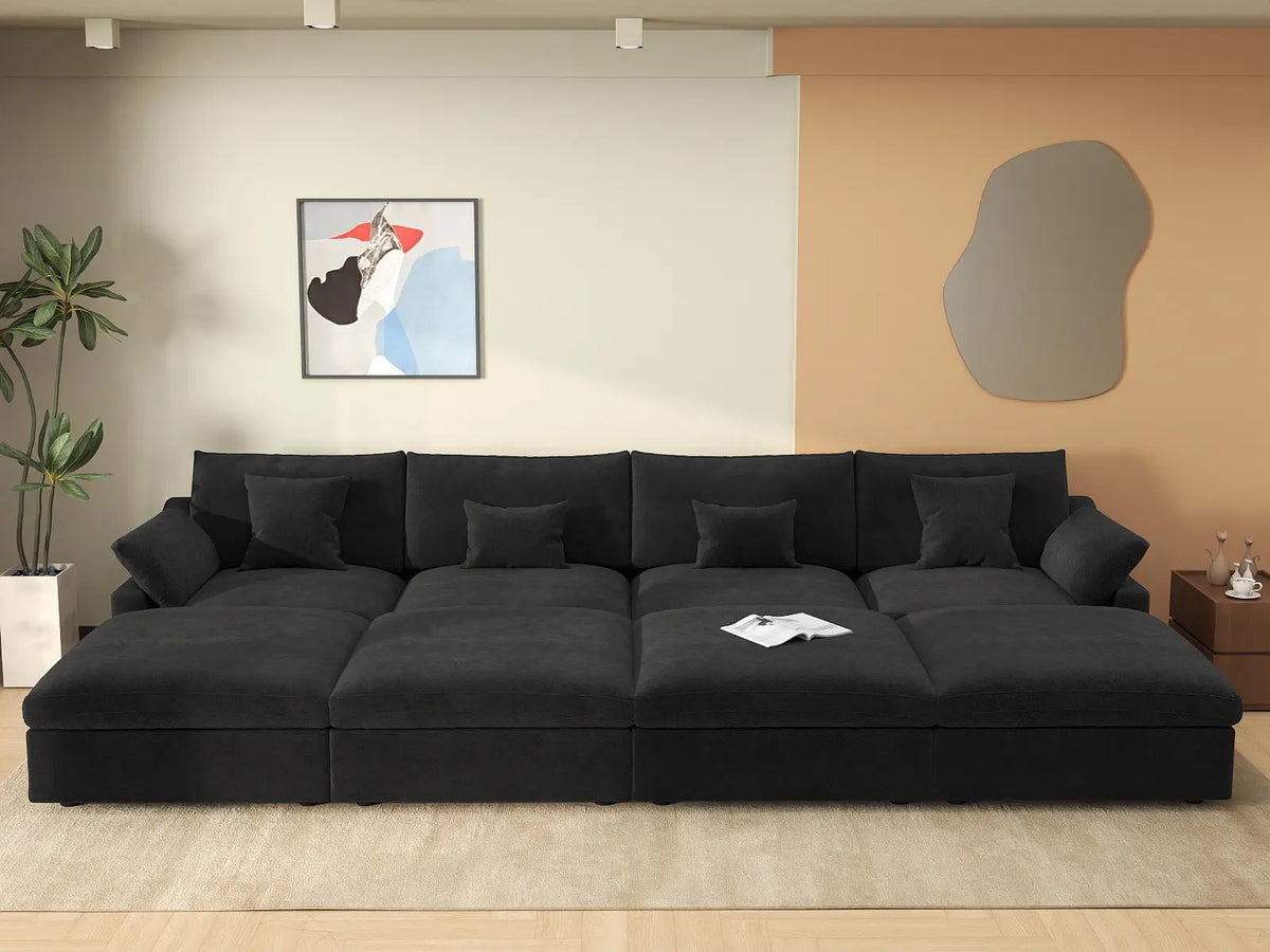 Fundas de sofá seccional Deluxe Slope Cloud | Funda de sofá de chenilla y lino negro para 4 plazas con 4 otomanas
