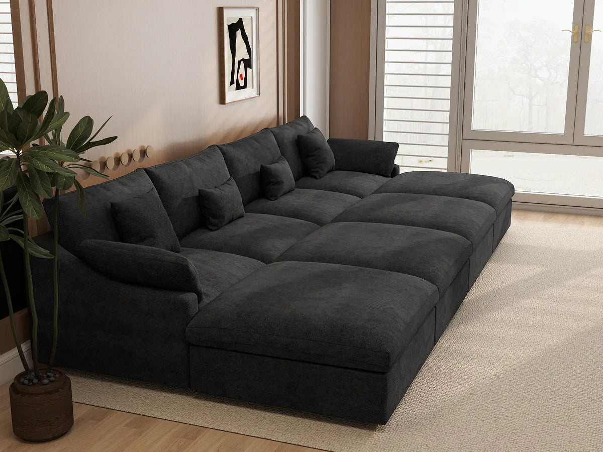 Fundas de sofá seccional Deluxe Slope Cloud | Funda de sofá de chenilla y lino negro para 4 plazas con 4 otomanas