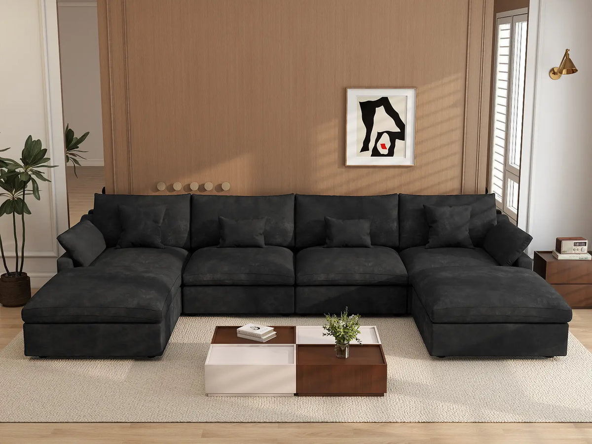 Sofá modular modular Deluxe Cloud de 4 plazas, color negro, lavable, en forma de U | Juego de 6 piezas (incluye 2 otomanas), tejido de chenilla y lino, diseño modular.