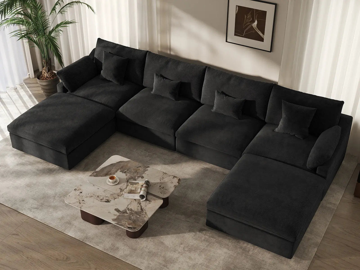 Sofá modular modular Deluxe Cloud de 4 plazas, color negro, lavable, en forma de U | Juego de 6 piezas (incluye 2 otomanas), tejido de chenilla y lino, diseño modular.