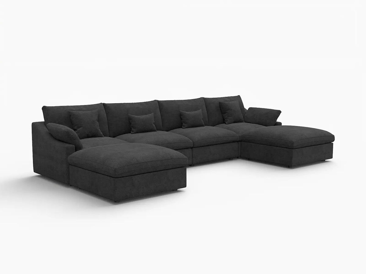 Sofá modular modular Deluxe Cloud de 4 plazas, color negro, lavable, en forma de U | Juego de 6 piezas (incluye 2 otomanas), tejido de chenilla y lino, diseño modular.