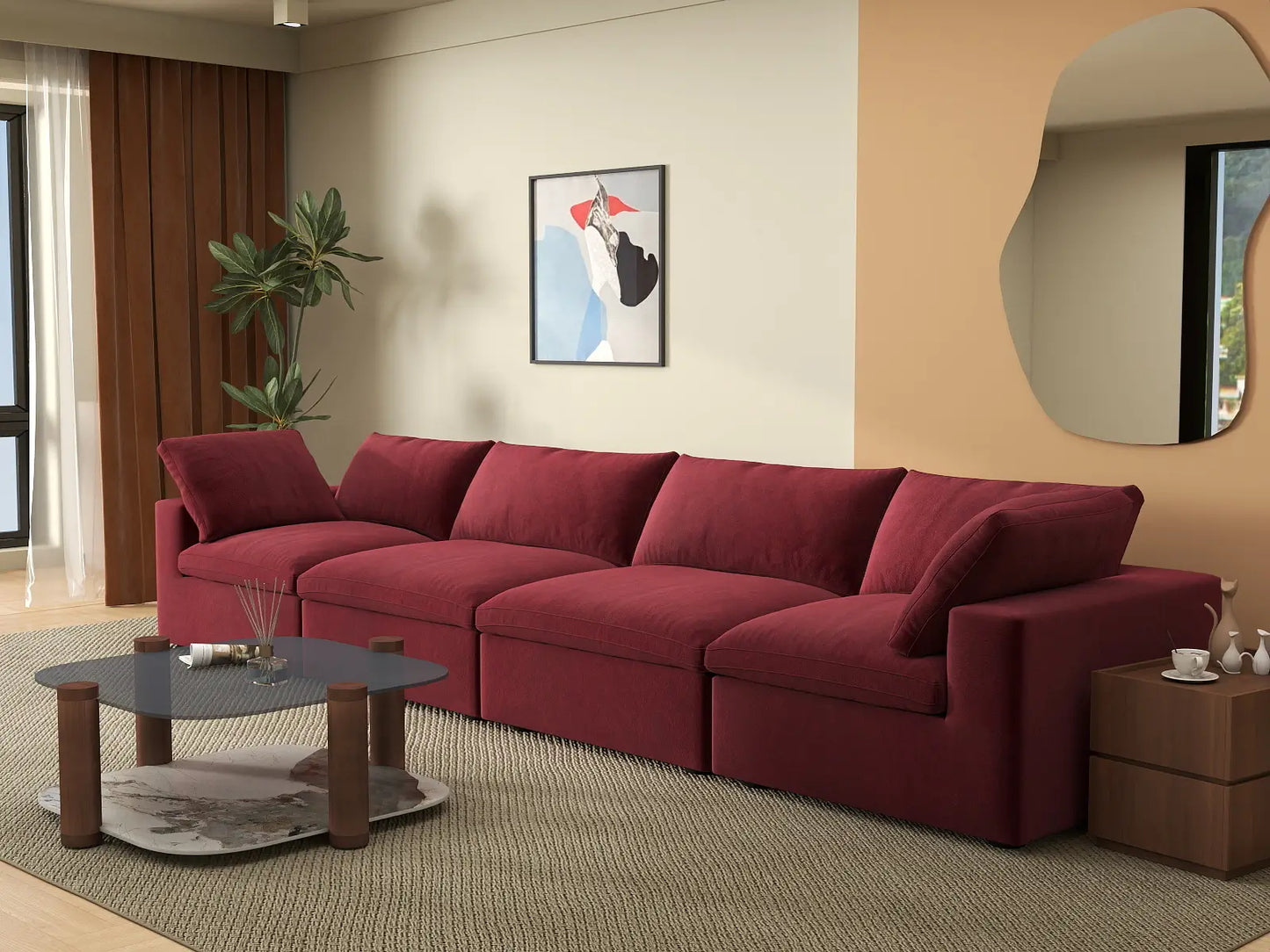 Deluxe Cloud 4-Seater Claret Couch Sectional | 4-Piece, Velvet Fabric, Living Room Seating, Washable Cushion Covers