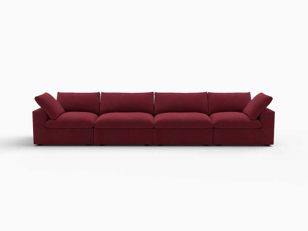 Deluxe Cloud 4-Seater Claret Couch Sectional | 4-Piece, Velvet Fabric, Living Room Seating, Washable Cushion Covers